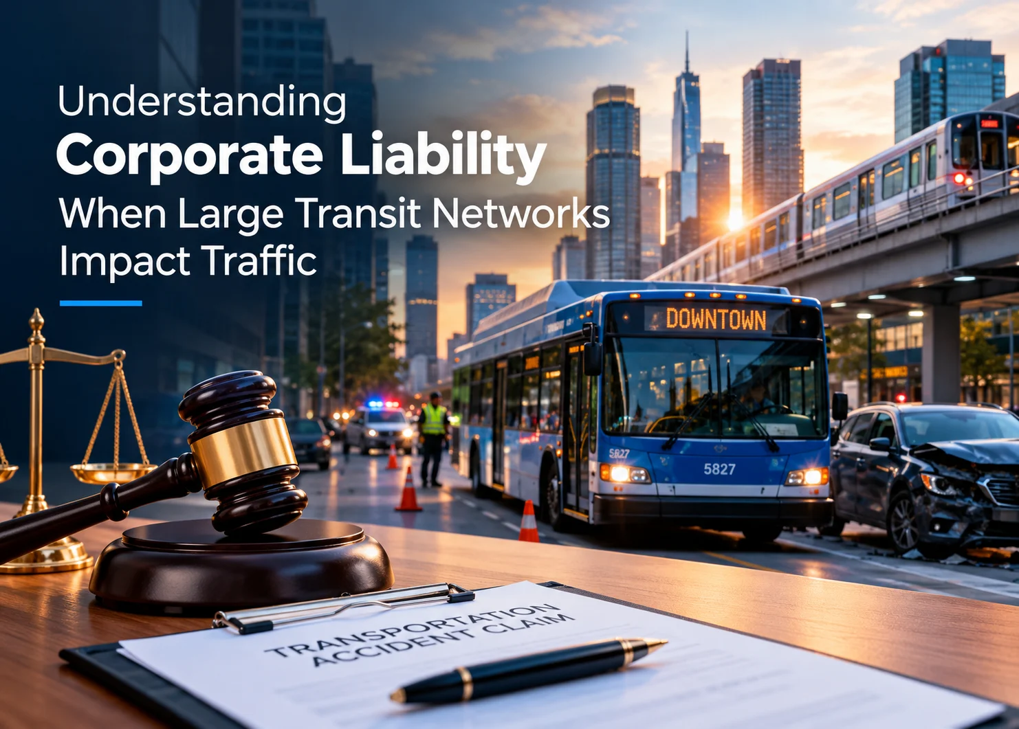 A city bus and damaged car at a busy urban intersection illustrate corporate liability in transportation accidents, with a judge’s gavel, scales of justice, and legal documents representing negligence claims, traffic safety, and transit-related legal responsibilities.